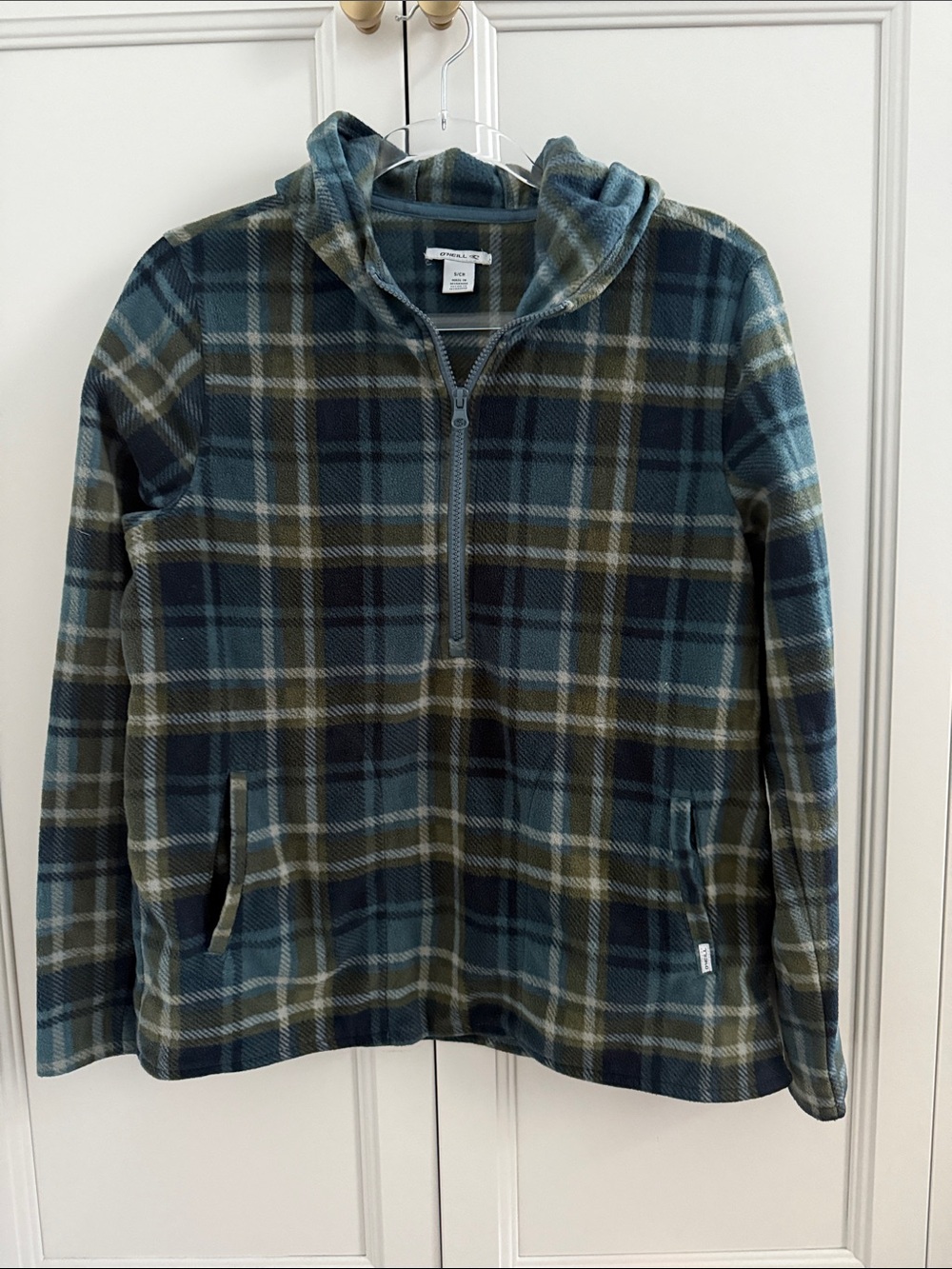 O'Neill Blue and Olive Plaid Half-Zip Fleece Size Small